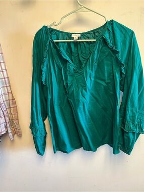 J. Crew Teal Ruffle V-Neck Peasant Blouse